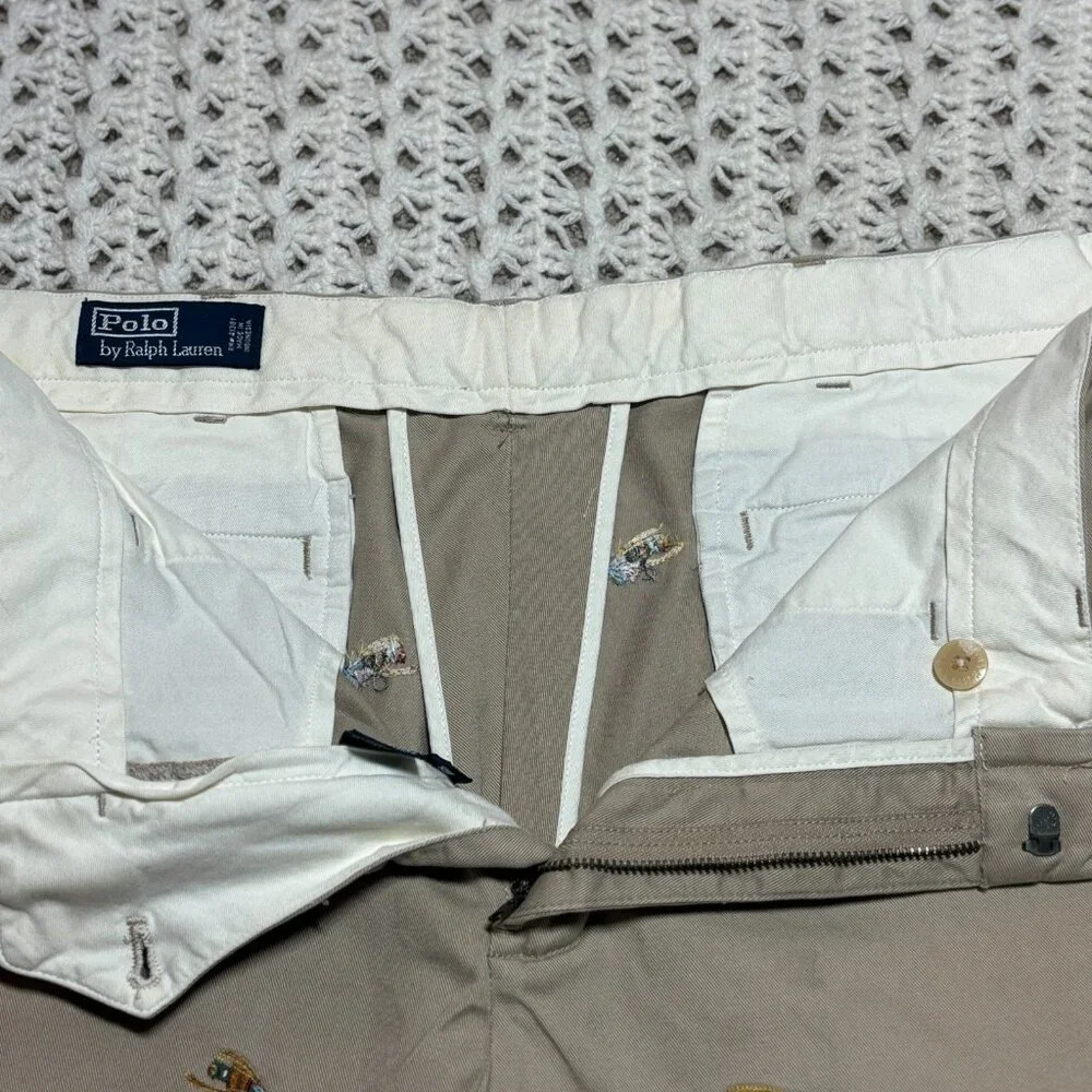 VTG Polo Ralph Lauren Chino Pants Khaki Stretch Flyfish Embroidered Mens Sz 38R‎